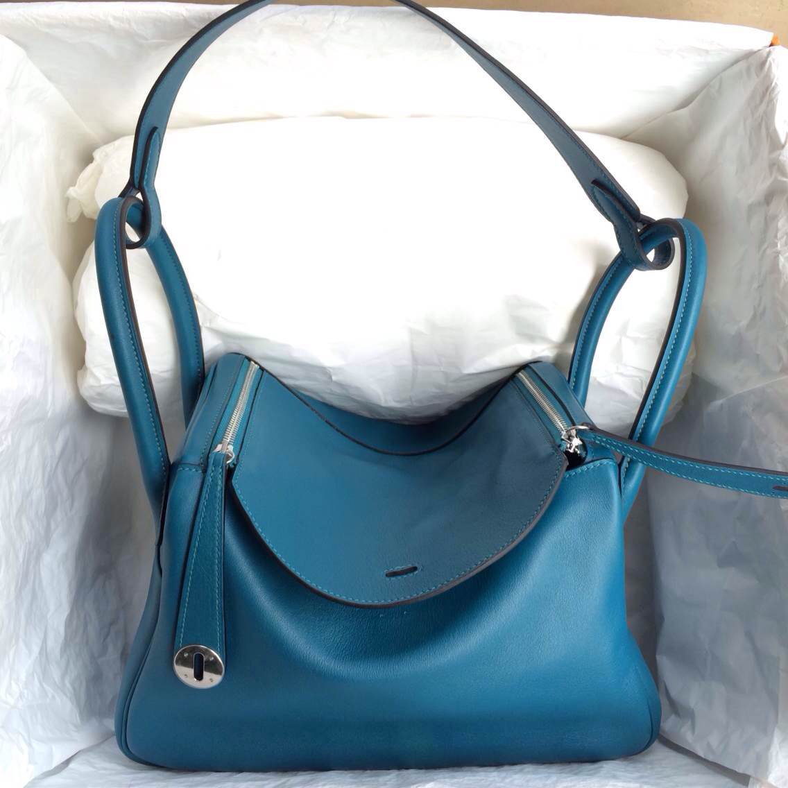 High Quality Hermes Lindy Bag 30cm 7w Blue izmir Swift Leather Silver Hardware
