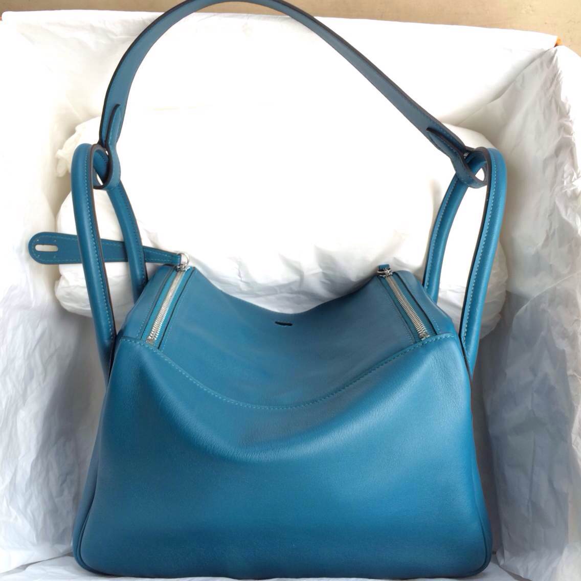 High Quality Hermes Lindy Bag 30cm 7w Blue izmir Swift Leather Silver Hardware