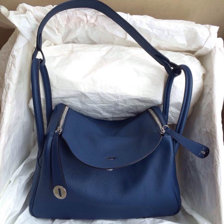 7K Blue Saphir France Togo Leather Hermes Lindy Bag  30cm