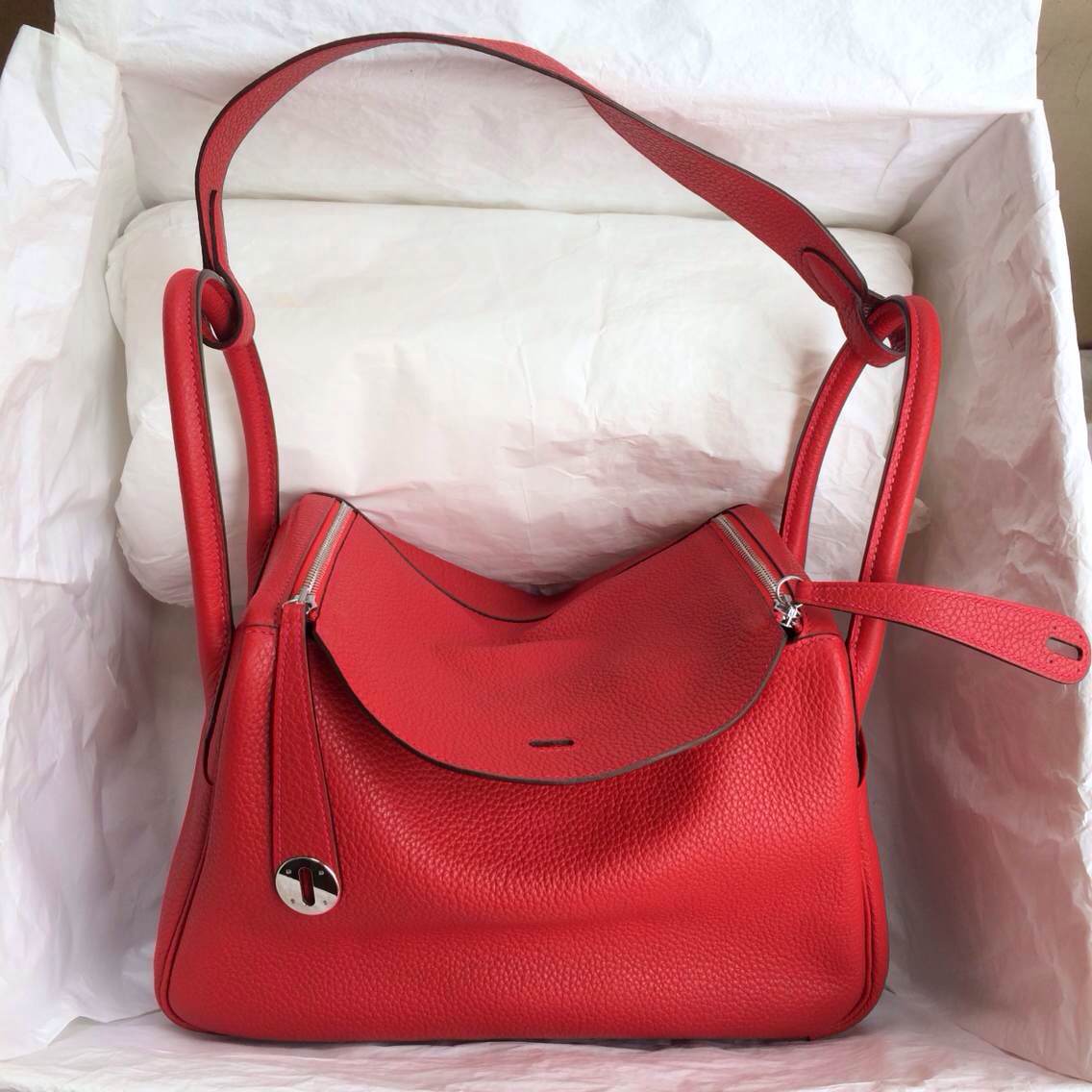 Hand Stitching Hermes Lindy Bag Q5 Candy Red Togo leather Silver Hardware