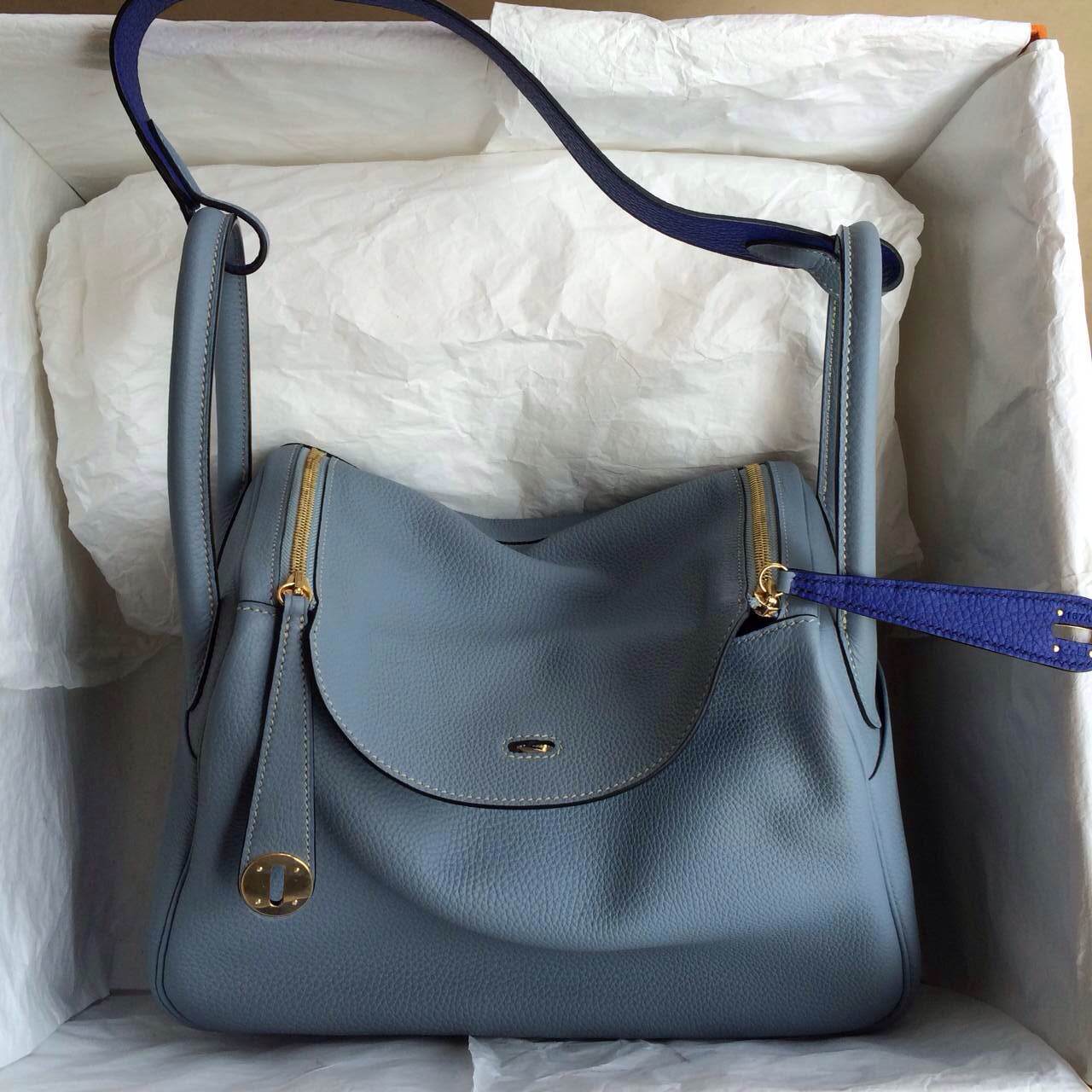 Hand Stitching Hermes Lindy Bag J7 Blue Lin/7T Blue Electric Togo leather