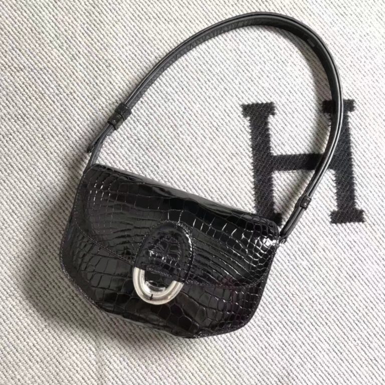 Hermes Shiny Crocodile Leather Cherche Midi 20CM Shoulder Bag in Black Silver Hardware