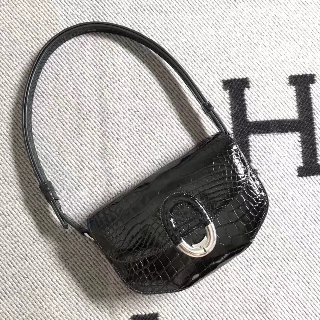Noble Hermes Shiny Crocodile Leather Cherche Midi20CM Shoulder Bag in Black Silver Hardware