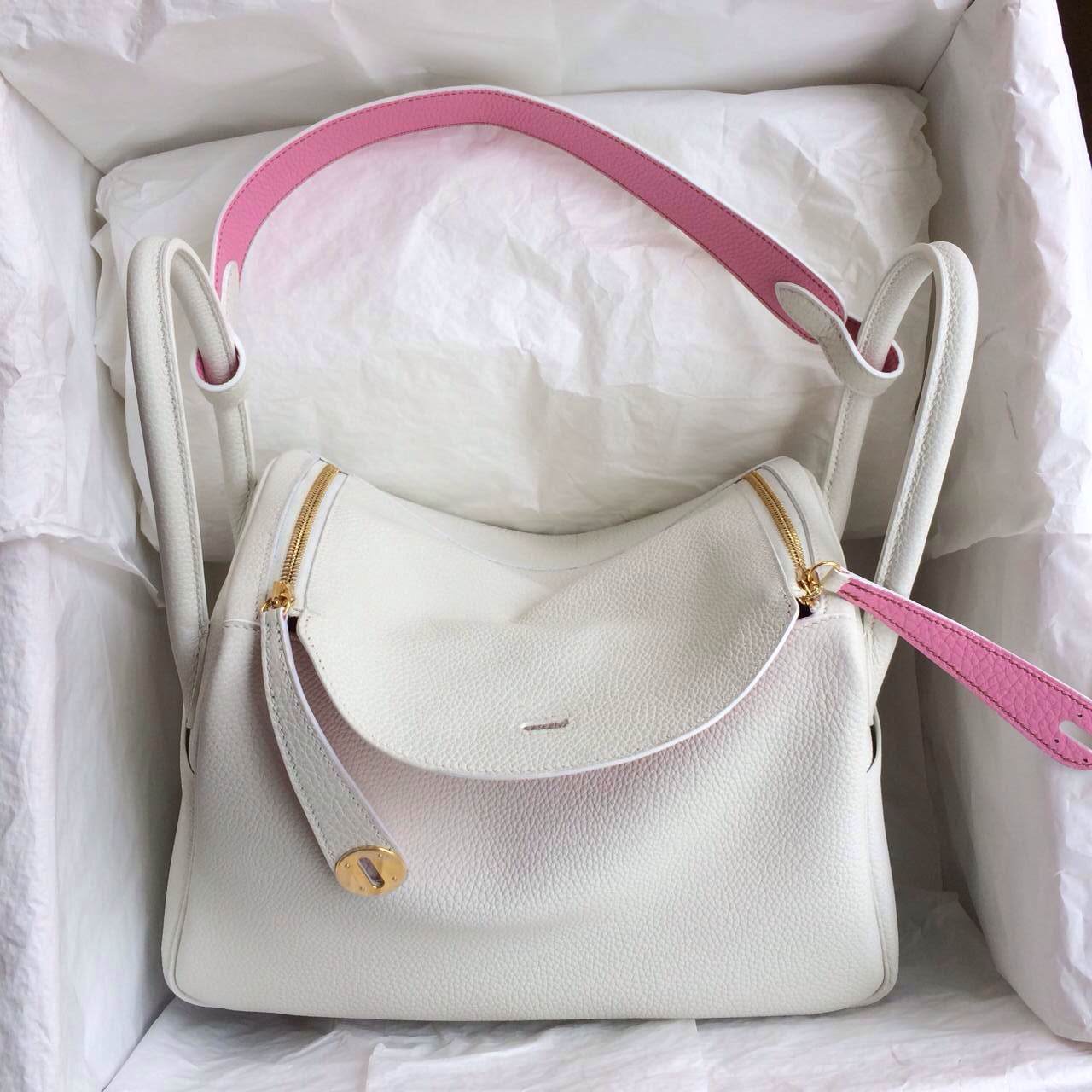 Beautiful Hermes Lindy Bag 30cm White/5P Pink Togo Leather Gold Hardware
