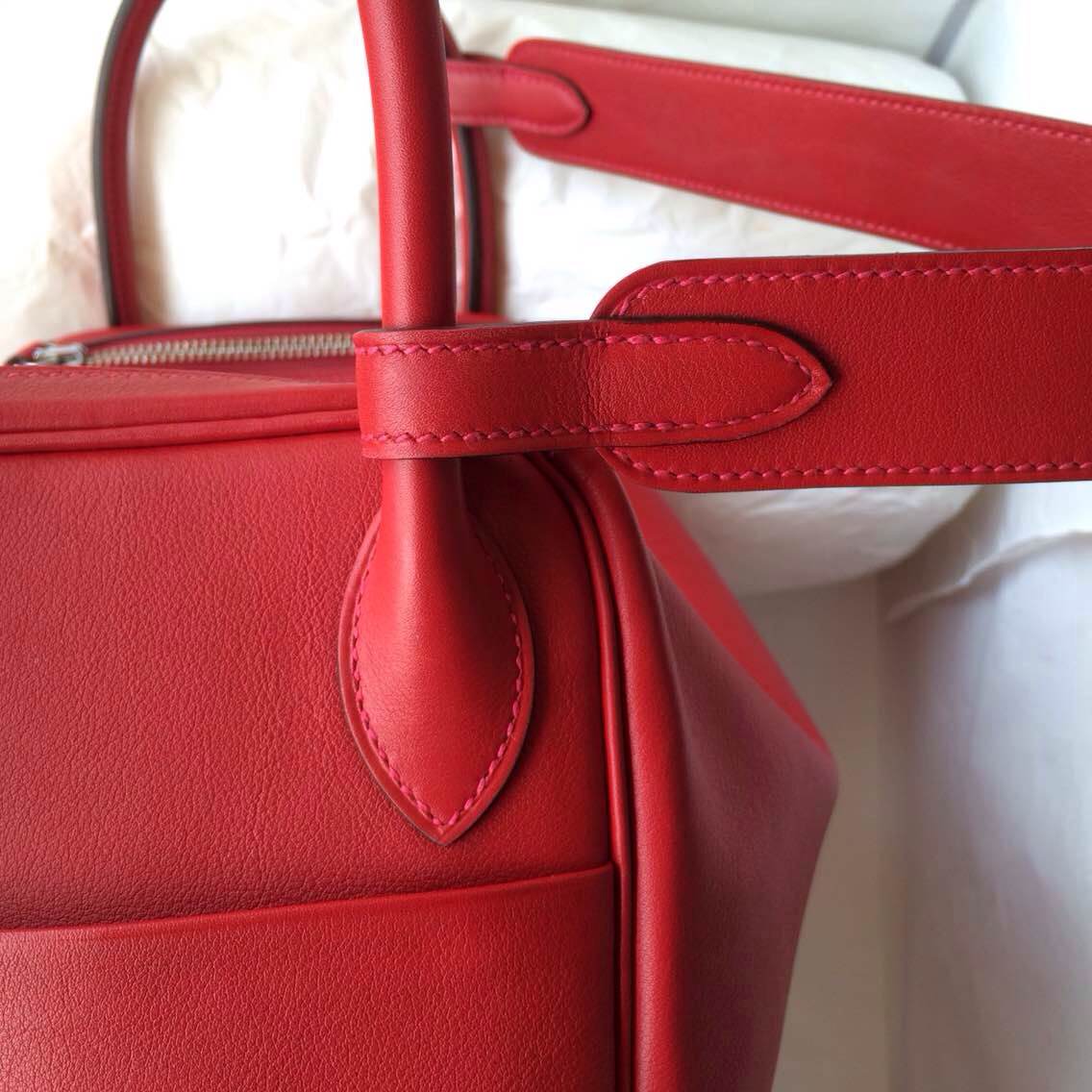 Hand Stitching Hermes Lindy Bag Q5 Candy Red Swift Leather Silver Hardware
