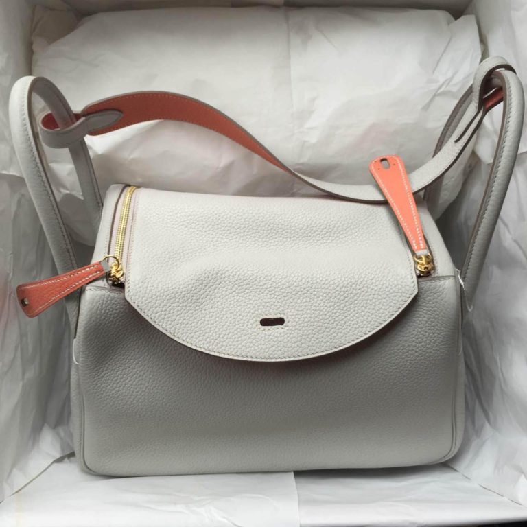 Hermes Lindy Bag Togo Leather L5 Crevette Pink/Gris Tourterelle Womens Handbag