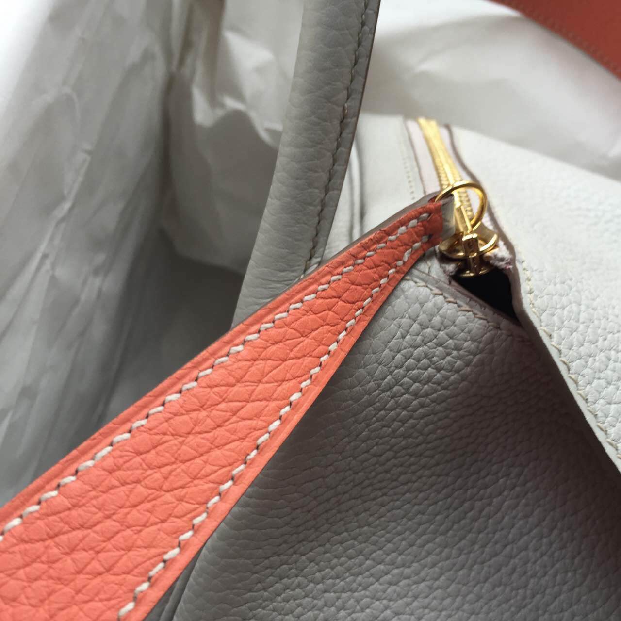 Discount Hermes Lindy Bag Togo Leather L5 Crevette Pink/Gris Tourterelle Women&#8217;s Handbag