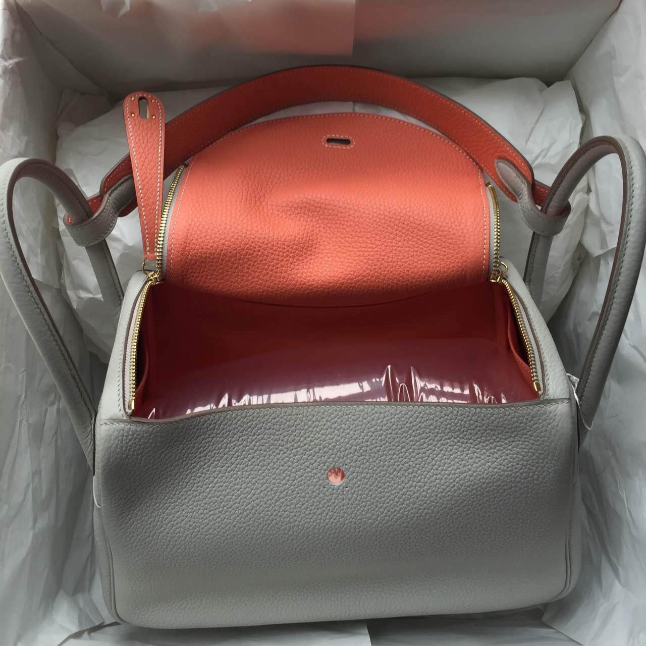 Discount Hermes Lindy Bag Togo Leather L5 Crevette Pink/Gris Tourterelle Women&#8217;s Handbag