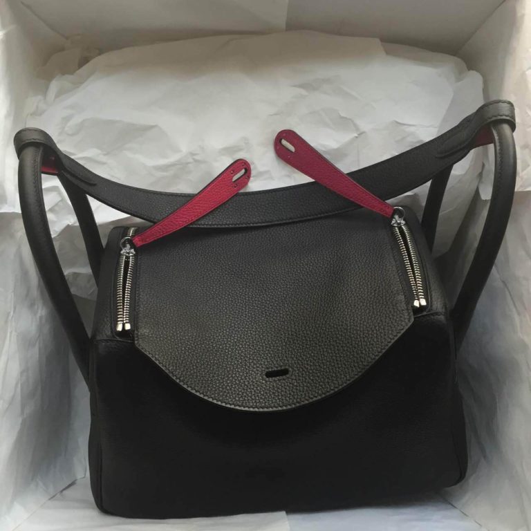 Hermes Lindy Bag Black/Rose Togo Leather Womens Handbag  30cm