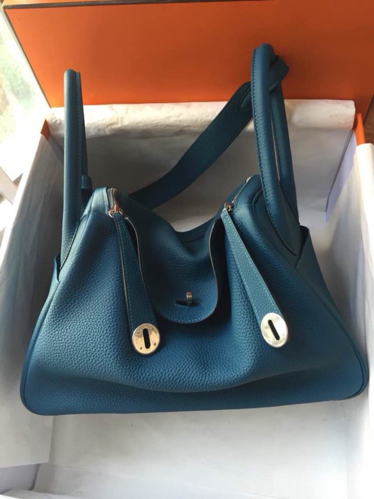 Hand Stitching Hermes Lindy Bag S7 Blue De Galice Togo Leather Handbag  30cm