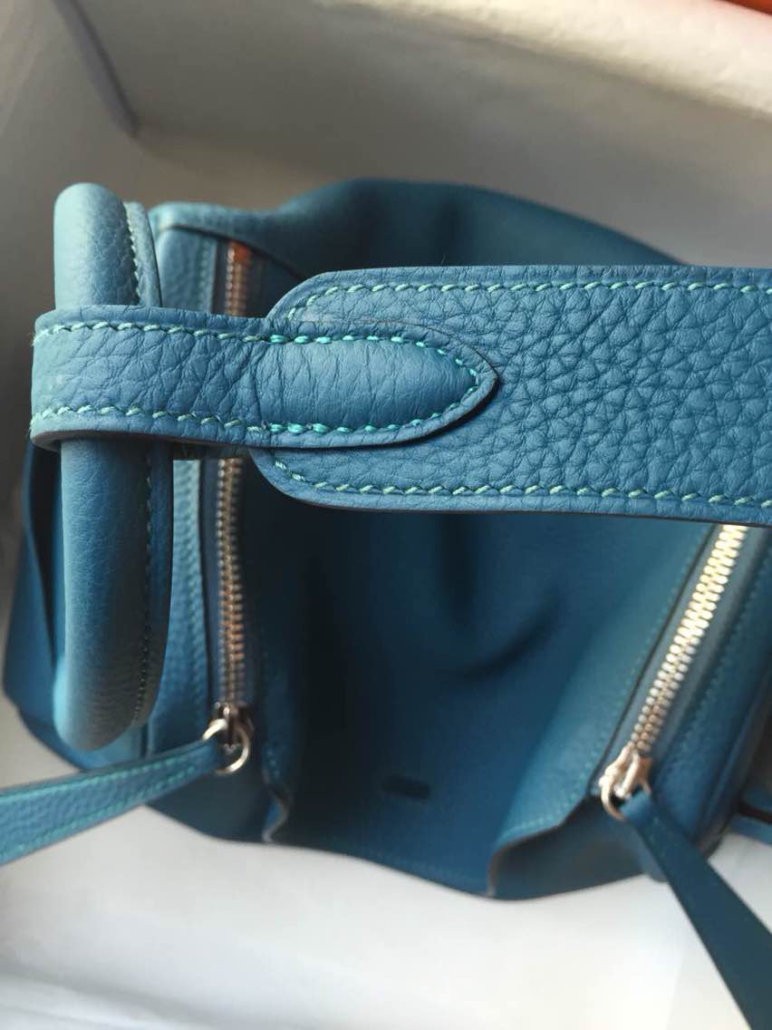 Hand Stitching Hermes Lindy Bag S7 Blue De Galice Togo Leather Handbag 30cm
