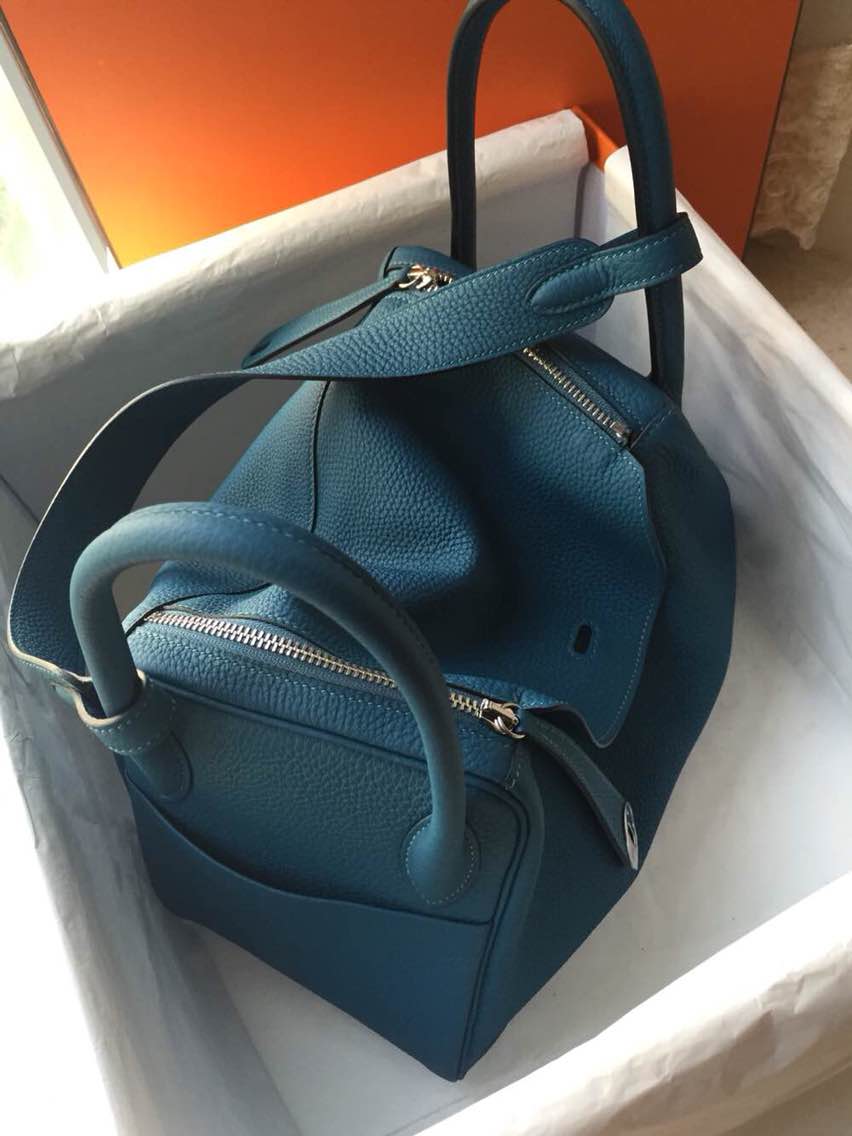 Hand Stitching Hermes Lindy Bag S7 Blue De Galice Togo Leather Handbag 30cm