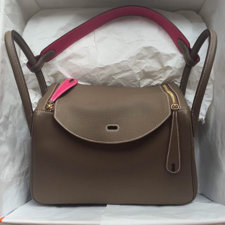 Hand Stitching Hermes Lindy Bag  30cm Etoupe Grey/Rose Tyrien Togo Leather Womens Handbag