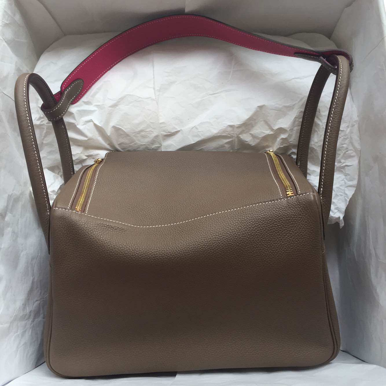 Hand Stitching Hermes Lindy Bag 30cm Etoupe Grey/Rose Tyrien Togo Leather Women&#8217;s Handbag