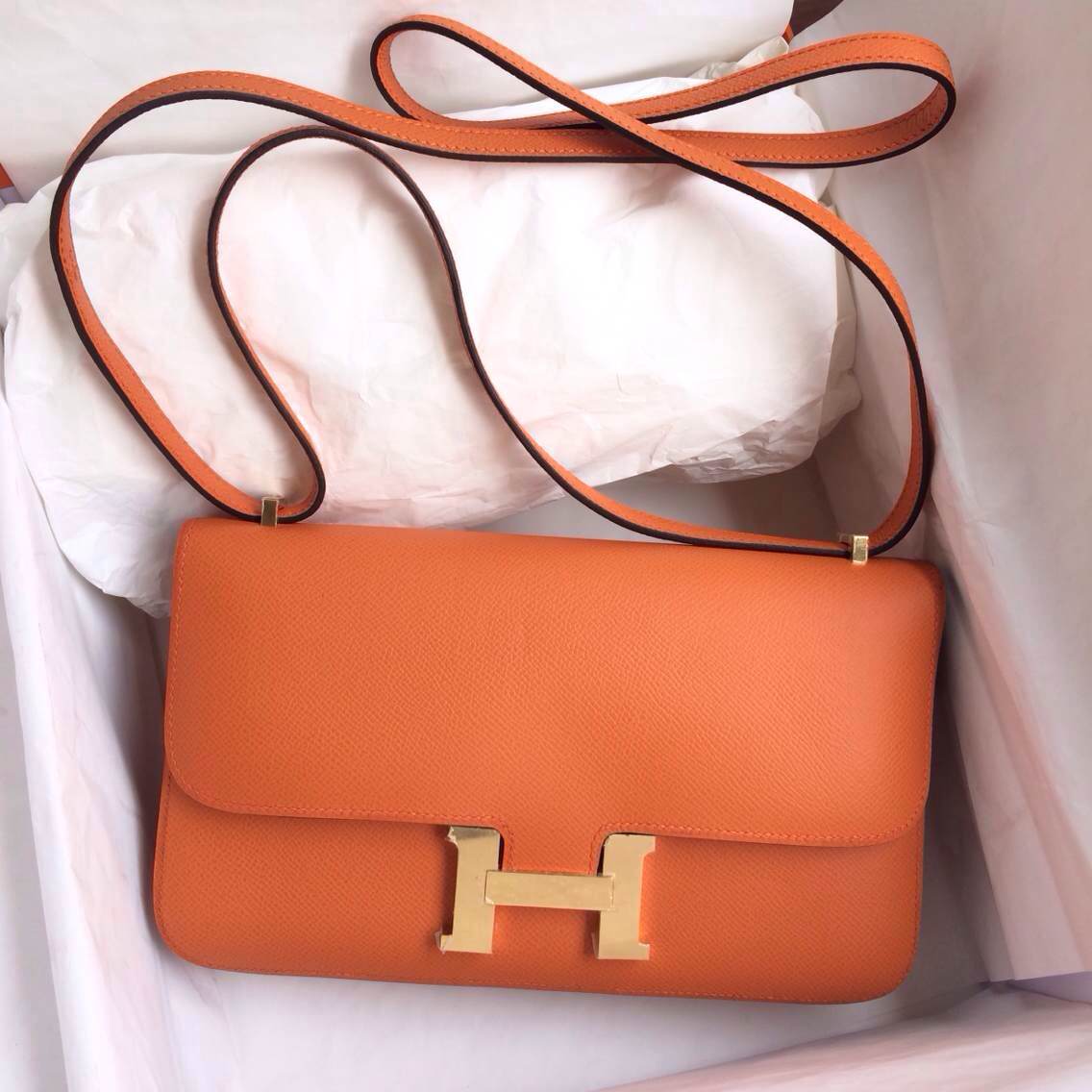 Beautiful CC93 Orange Epsom Leather Hand Stitching Hermes Constance Bag 26cm