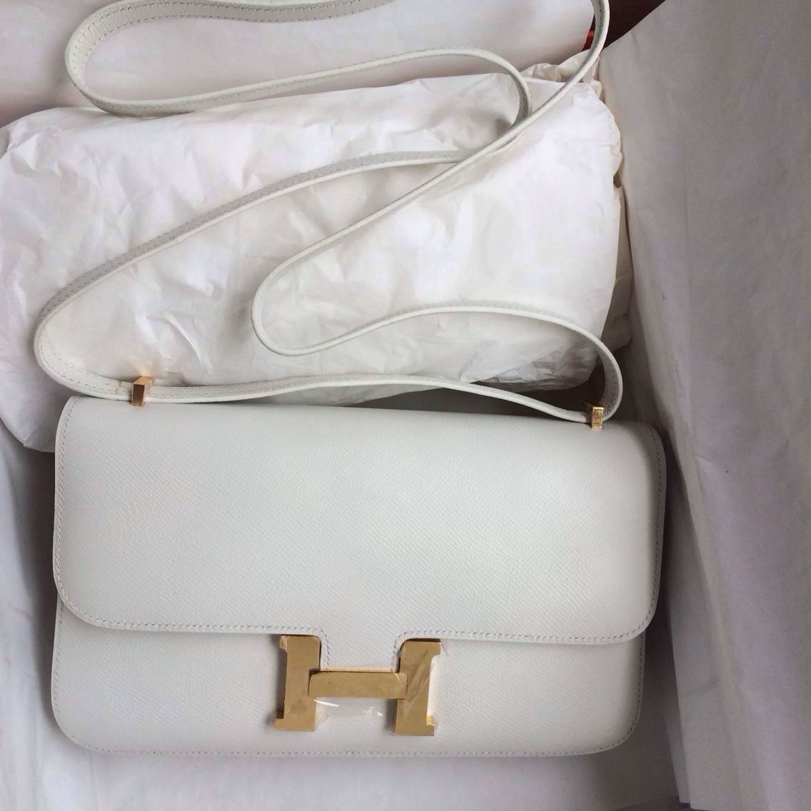 26cm White Color France Epsom Leather Hermes Constance Bag Gold/Silver Hardware