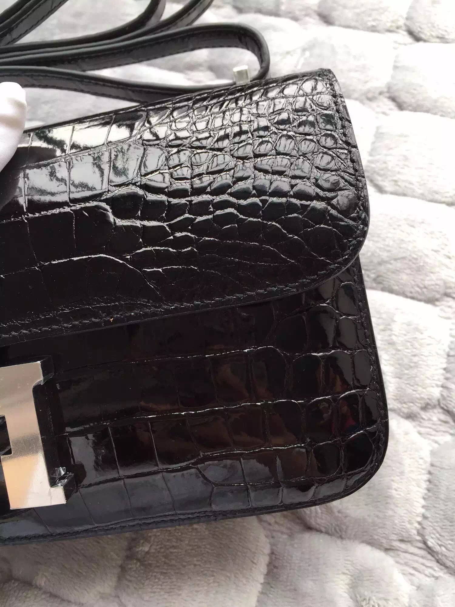 26CM Hermes Constance elan Bag Black Shiny Crocodile Leather Women&#8217;s Message Bag