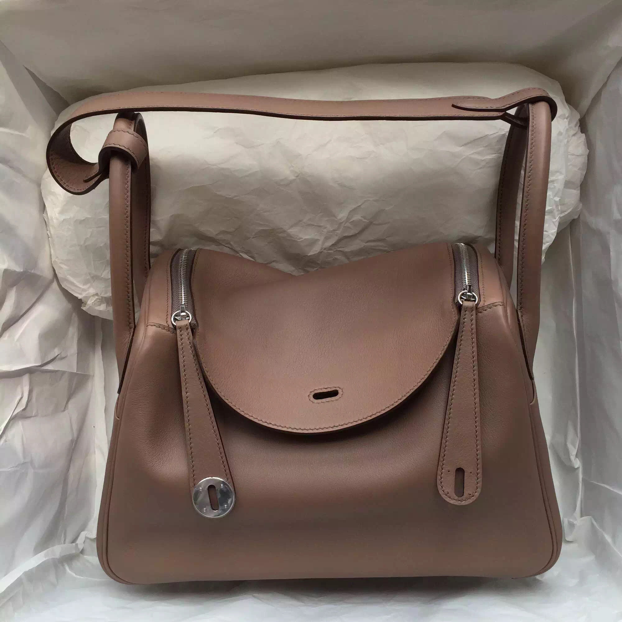 30CM Hermes Lindy Bag Brown Coffee Swift Leather with Silver Hardware Women&#8217;s Shoulder Bag