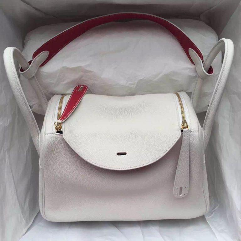 Hermes Lindy Bag White/Red Togo Leather Womens Handbag Gold Hardware