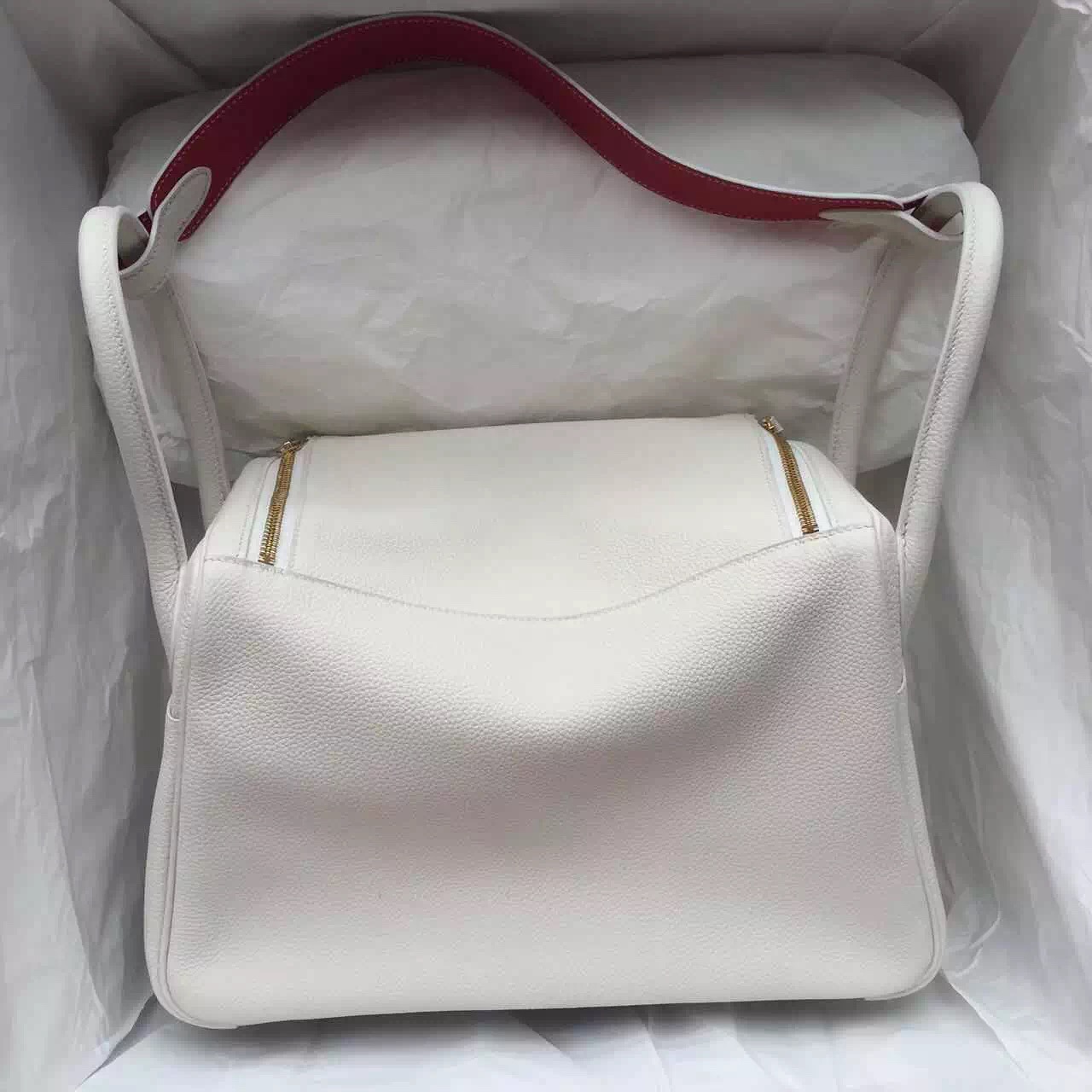 Cheap Hermes Lindy Bag White/Red Togo Leather Women&#8217;s Handbag Gold Hardware