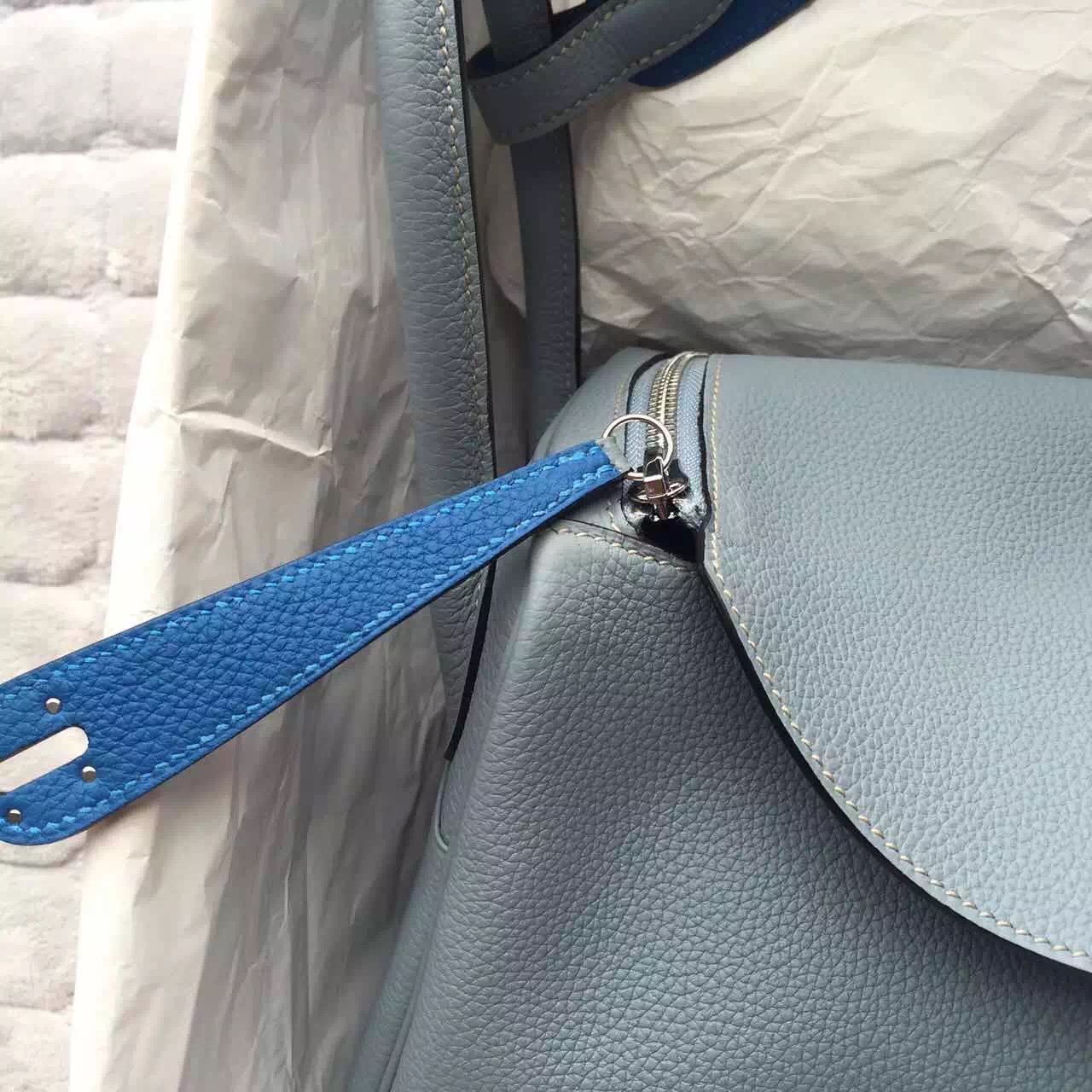 J7 Blue Lin/7Q Cribe Blue Togo Leather Hermes Lindy Bag Women&#8217;s Shoulder Bag 30CM