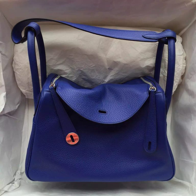 Hermes Lindy 30 7T Blue Electric Togo Leather Womens Tote Bag Shoulder Bag