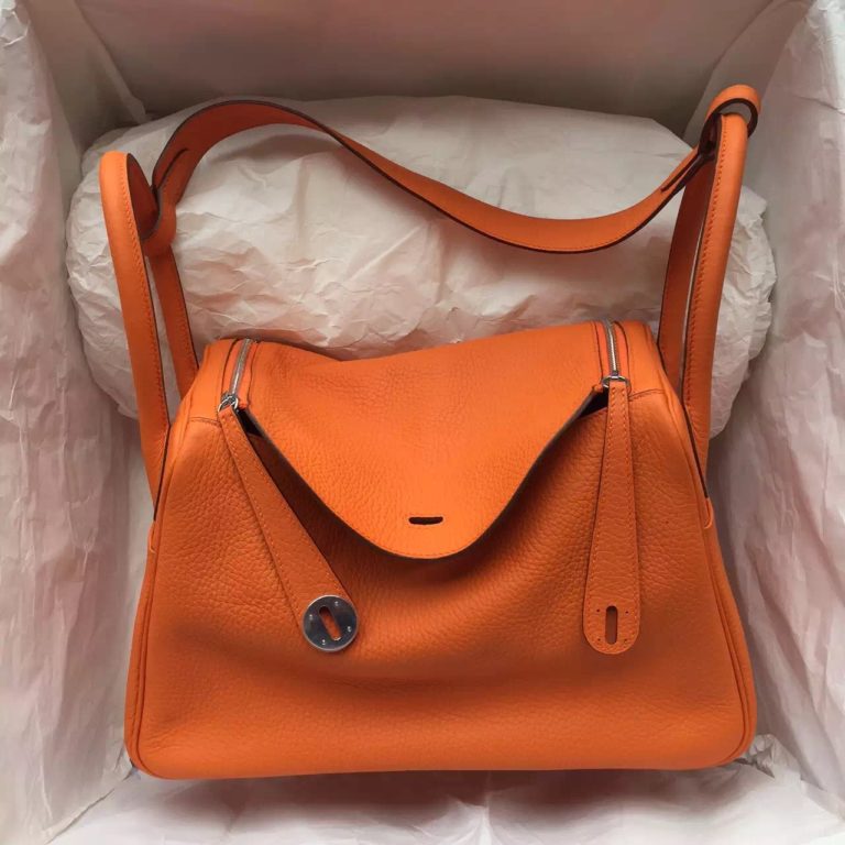 Orange Togo Leather Hermes Lindy Bag Gold & Silver Hardware Ladies Handbag  30CM