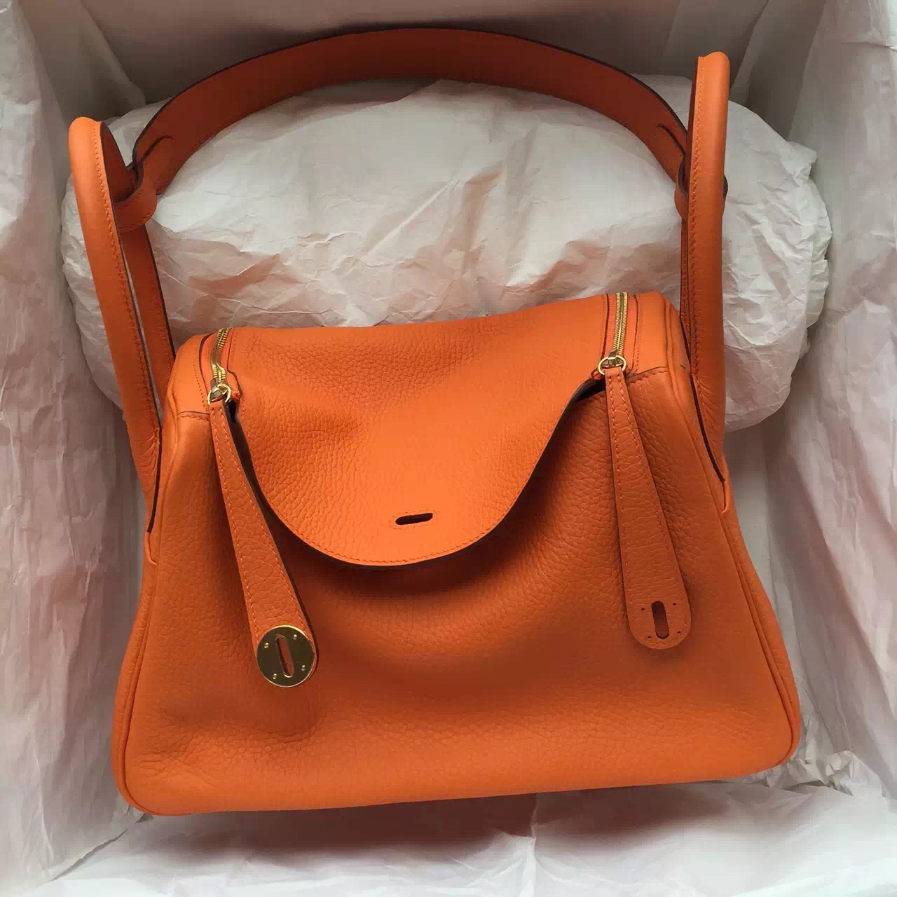 Luxury Orange Togo Leather Hermes Lindy Bag Gold &#038; Silver Hardware Ladies&#8217; Handbag 30CM