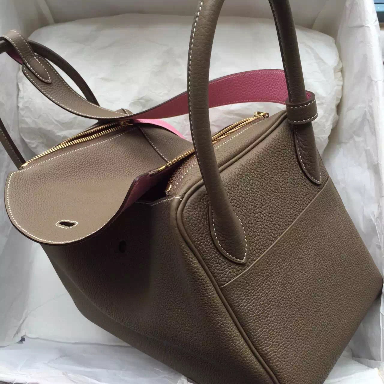 Cheap C18 Etoupe Grey &#038; 5P Pink France Togo Leather Hermes Lindy Bag 30CM