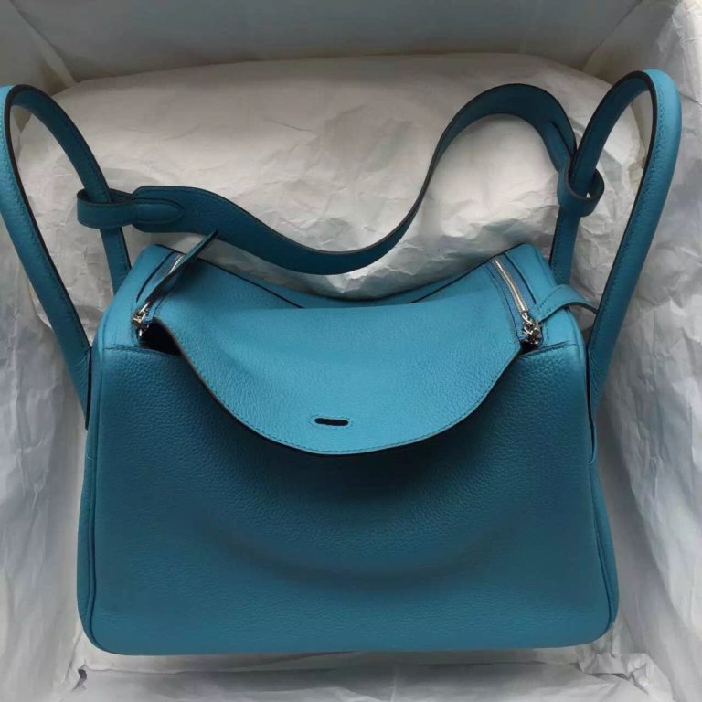 Hermes Lindy Bag  30CM 7B Turquoise Blue Togo Leather Silver Hardware