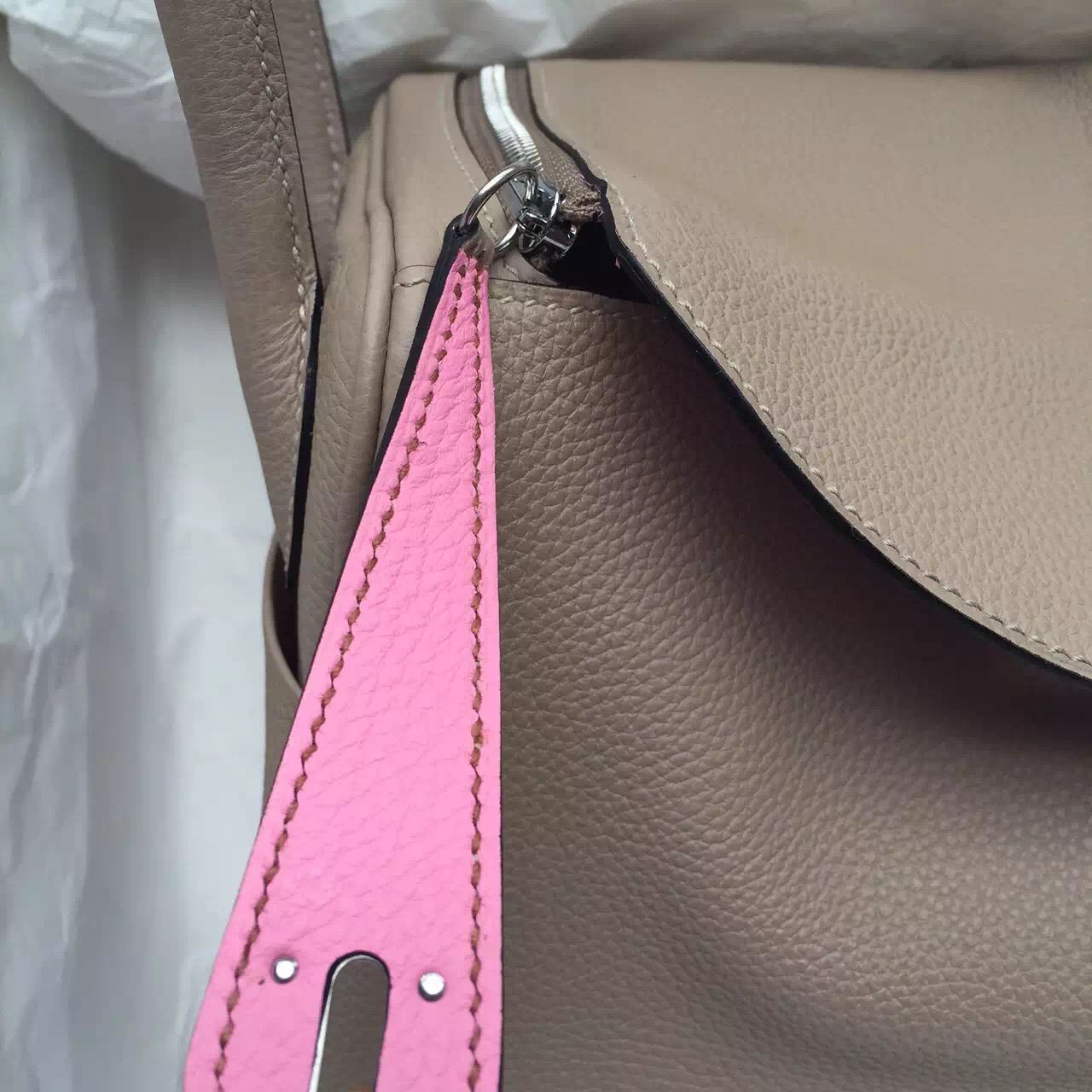 Hermes Lindy Bag Gris Tourterelle &#038; 5P Pink Togo Leather Tote Handbag 26CM