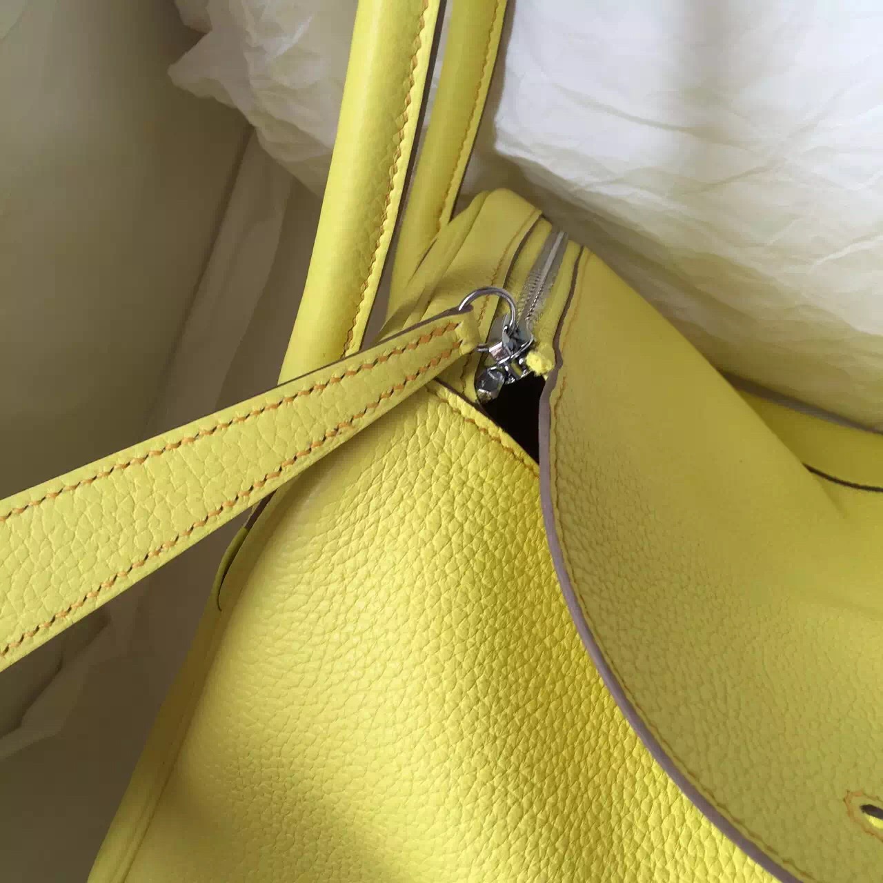 Hermes Togo Calfskin Leather Lindy Bag in C9 Yellow Silver Hardware 30CM