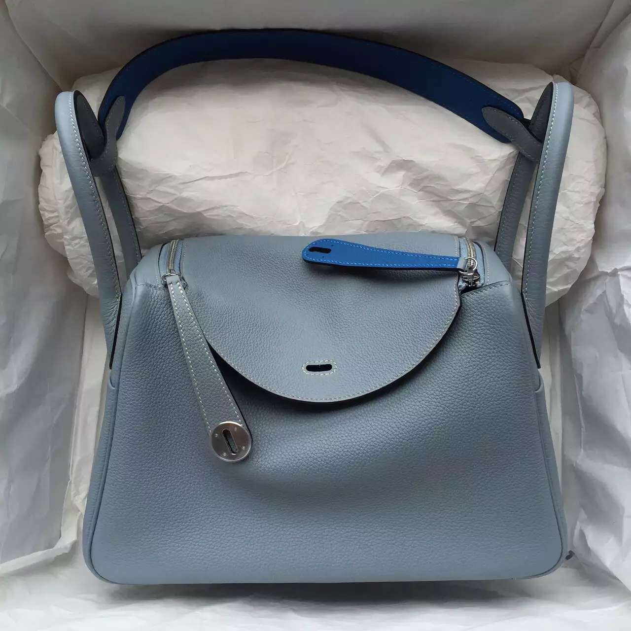 Sale Hermes J7 Blue Lin &#038; 7Q Cribe Blue Togo Leather Lindy Bag26CM Ladies&#8217; Handbag
