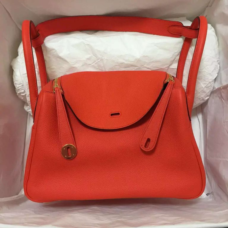 Hermes Togo Leather Lindy Bag  30CM in 9T Flame Red Gold Hardware