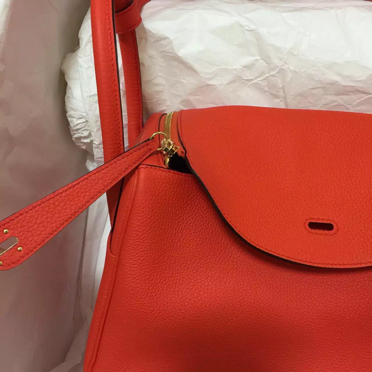 Hermes Togo Leather Lindy Bag 30CM in 9T Flame Red Gold Hardware