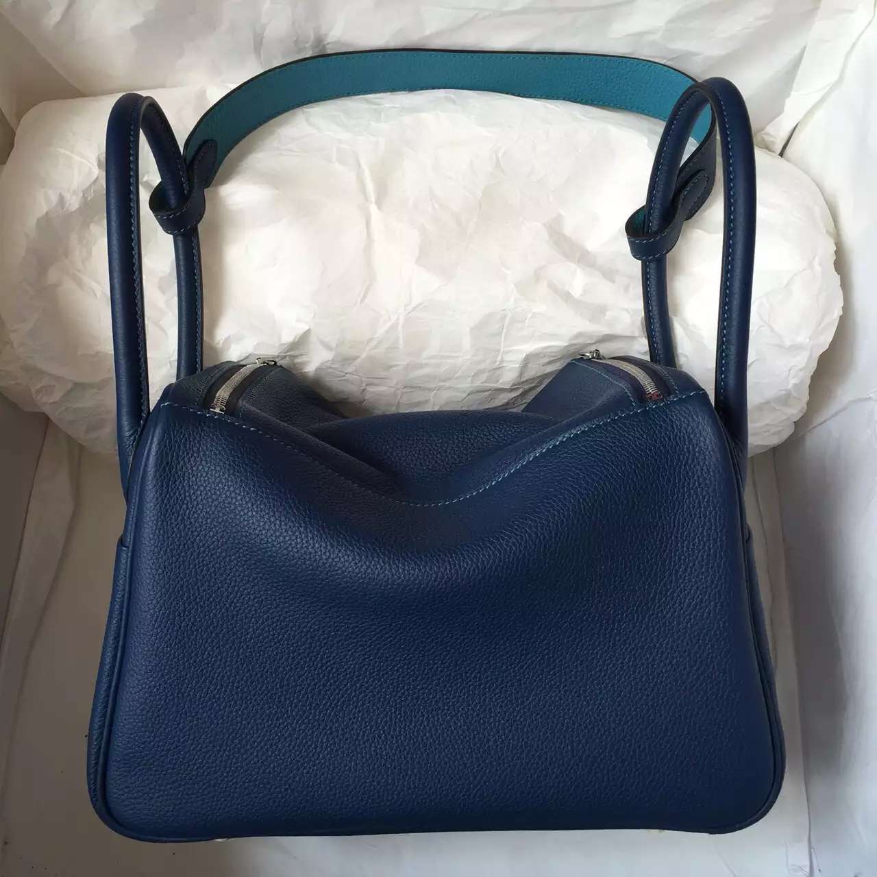 7K Blue Saphir &#038; 7B Turquoise Blue Togo Leather Hermes Lindy Bag 26CM Silver Hardware