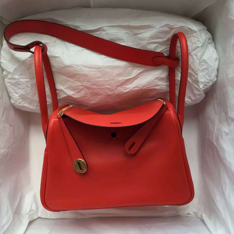 Hand Stitching Hermes 9T Flame Red Swift Calfskin Leather Lindy Bag  26CM