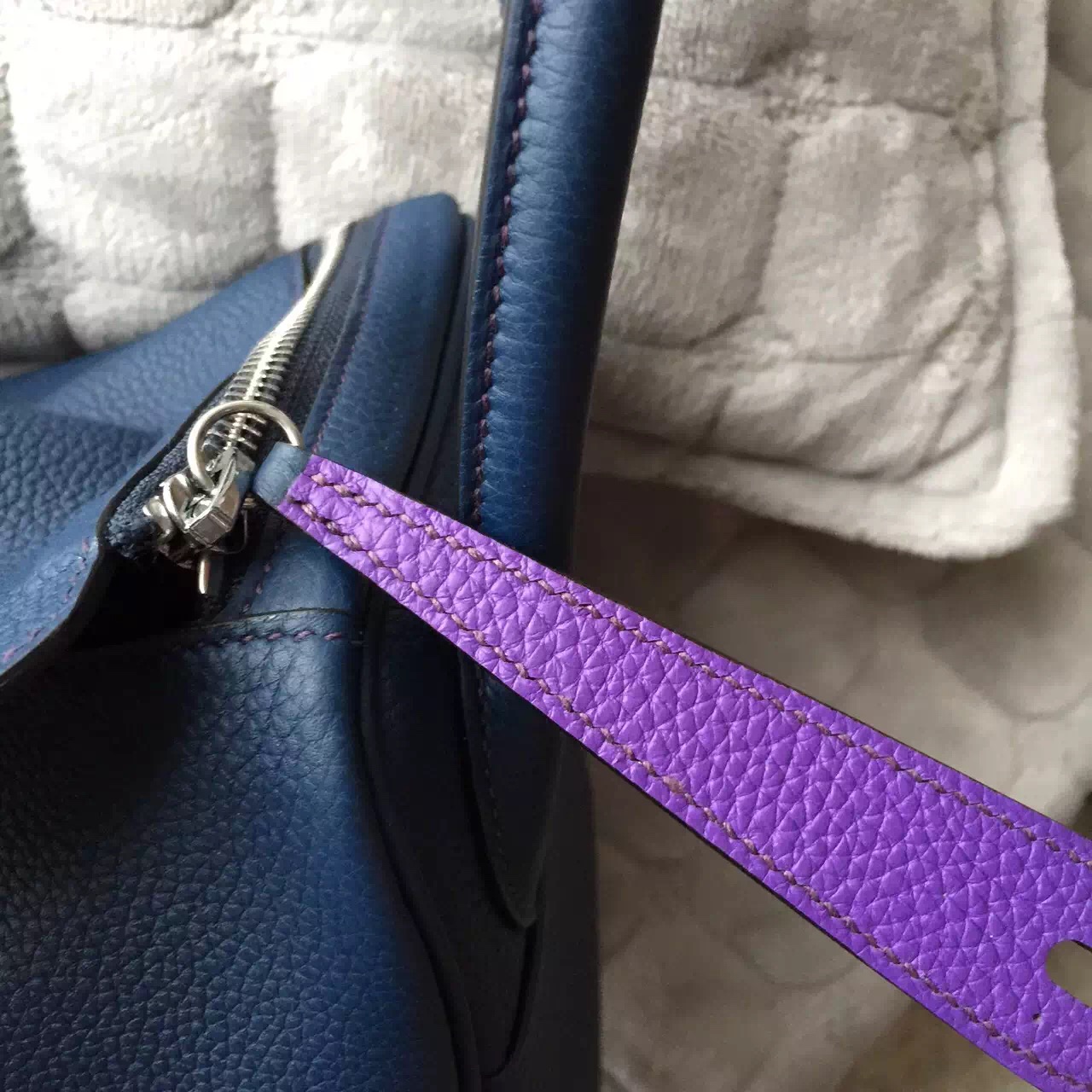 Hand Stitching Hermes 7K Blue Saphir &#038; Purple Togo Leather Lindy Bag 30CM