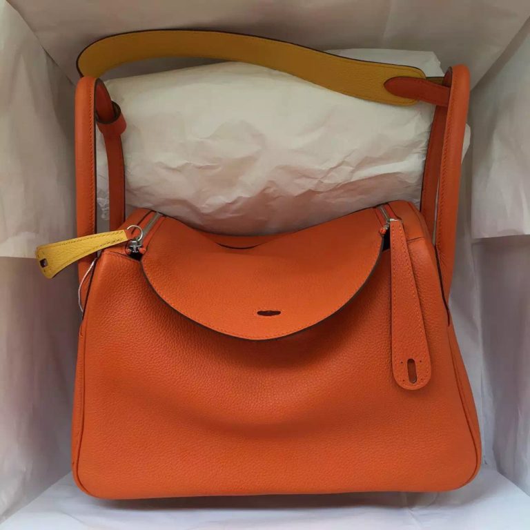 Hand Stitching Hermes Orange & Lemon Yellow Togo Leather Lindy Bag  30CM