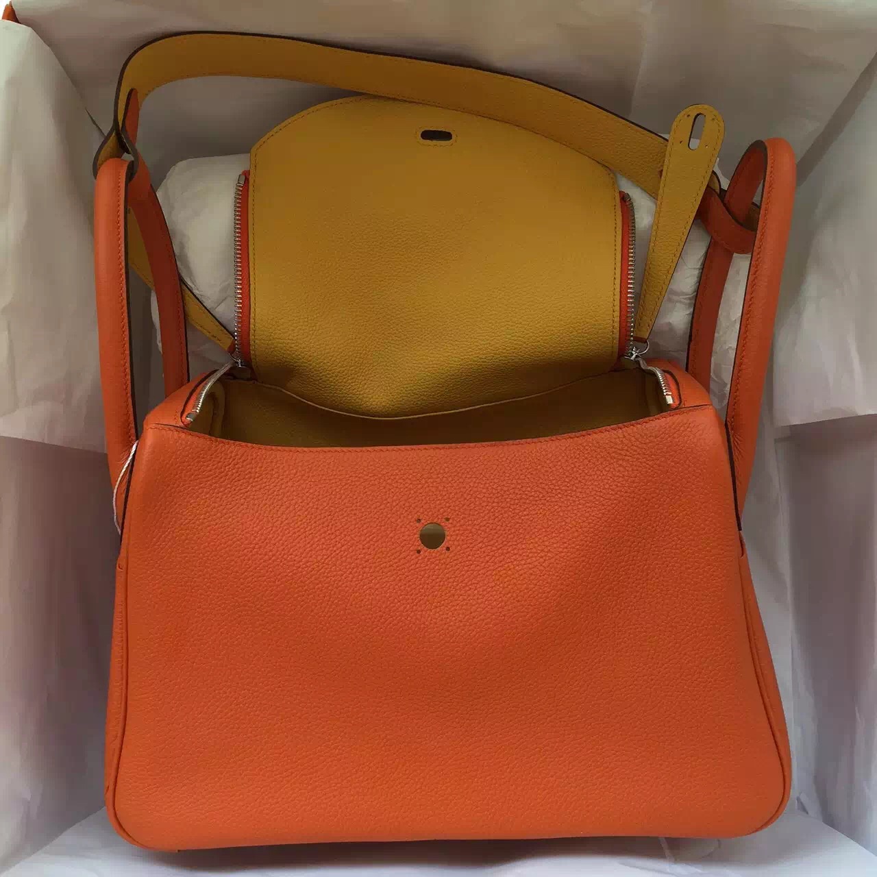 Hand Stitching Hermes Orange &#038; Lemon Yellow Togo Leather Lindy Bag 30CM