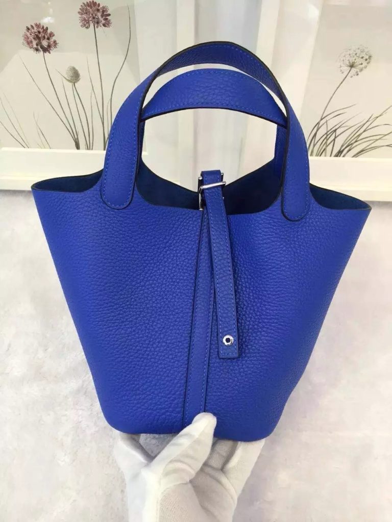 On Hermes France Togo Leather Picotin Lock Bag in T7 Blue Hydra Two Size