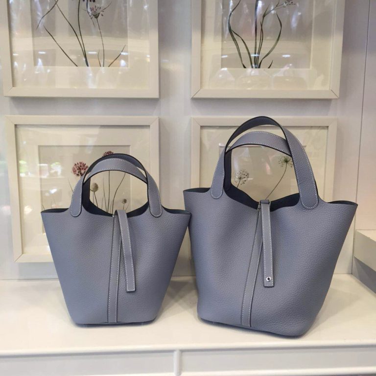 Hermes Picotin Lock Bag J7 Blue Lin Original Togo Leather Ladies Shopping Bag