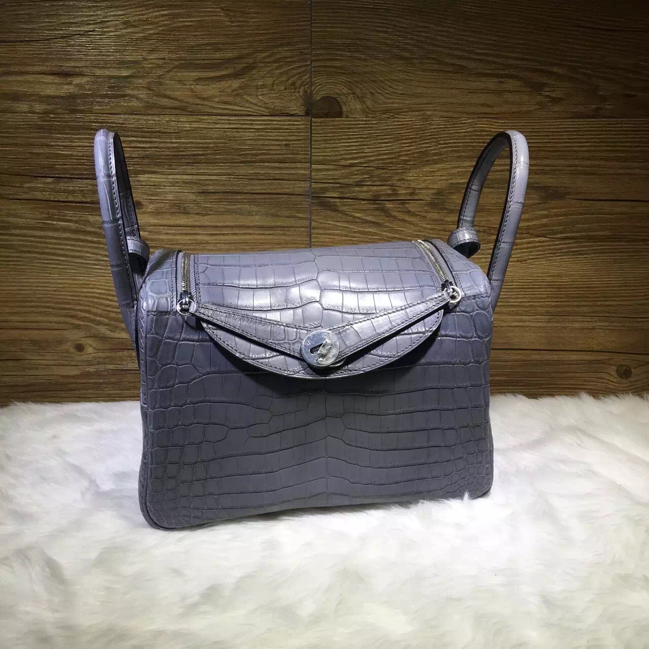 Hand Stitching Hermes Lindy Bag 26cm CK19 Mousse Grey Crocodile Leather Women&#8217;s Handbag