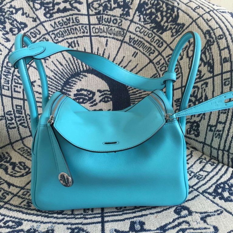 Womens Handbag Hermes 7B Turquoise Blue Swift Leather Lindy 26CM