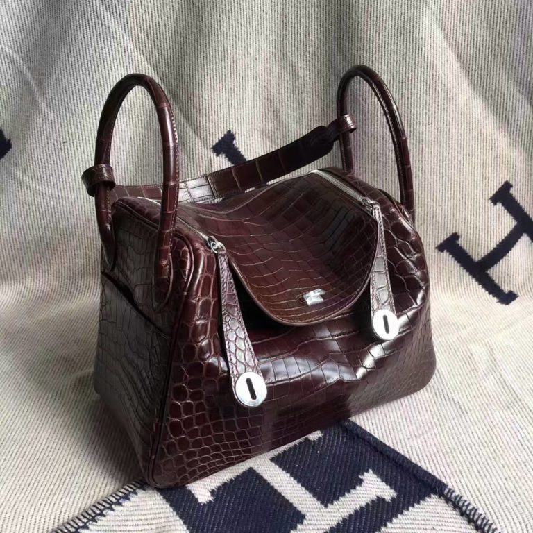 Hermes Crocodile Matt Leather Lindy Bag  30cm in Chocolate Color