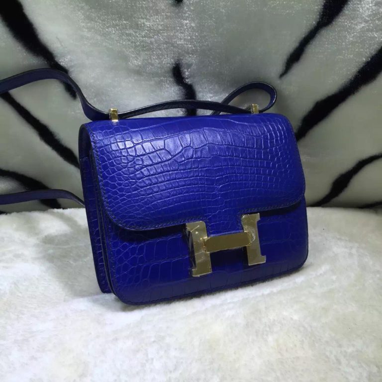 Hand Stitching Hermes 7T Blue Electric Crocodile Skin Leather Constance Bag  19CM