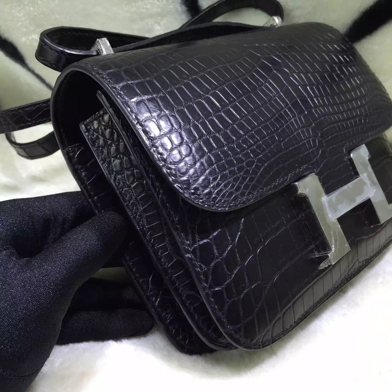 Fashion Women&#8217;s Cross-body Bag Hermes Constance Bag 19CM CK89 Black Crocodile Skin