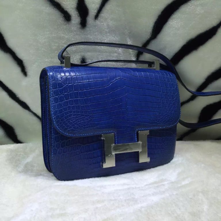Womens Bag Hermes 7Q Mykono Blue Crocodile Skin Constance Bag  24CM