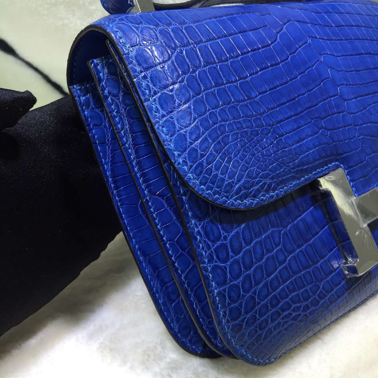Luxury Women&#8217;s Bag Hermes 7Q Mykono Blue Crocodile Skin Constance Bag 24CM