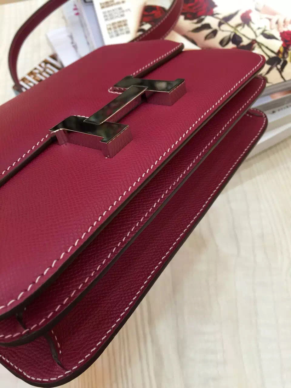Hermes Burgundy Epsom Leather Constance Bag 24CM Hot Ladies&#8217; Shoulder Bag